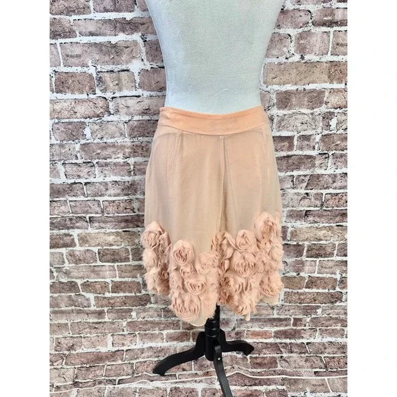 Talbots Silk Skirt 8P Petite Blush 3D Floral Rosette Hem Romantic Cottagecore - Picture 9 of 16